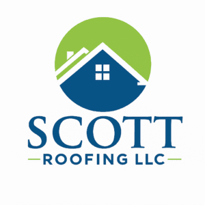 Scott Roofing LLC logo with a blue house icon inside a circular badge and bold company name underneath